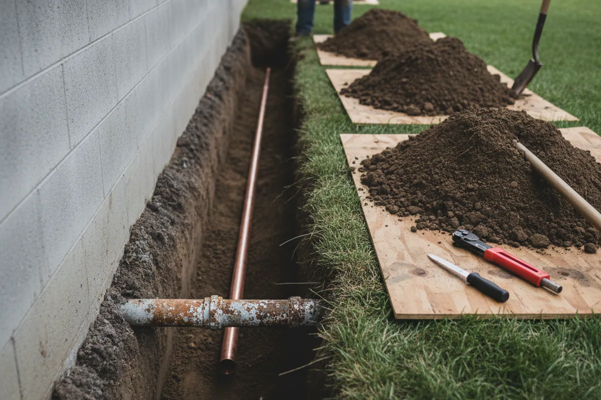 Excavated water line trench during Water Heater Repair in New Holland